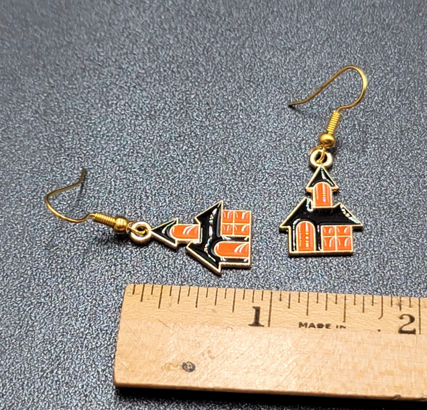 New Halloween House Pierced Earrings Purple Orange Enamel Gold tone Dangle 7/8"