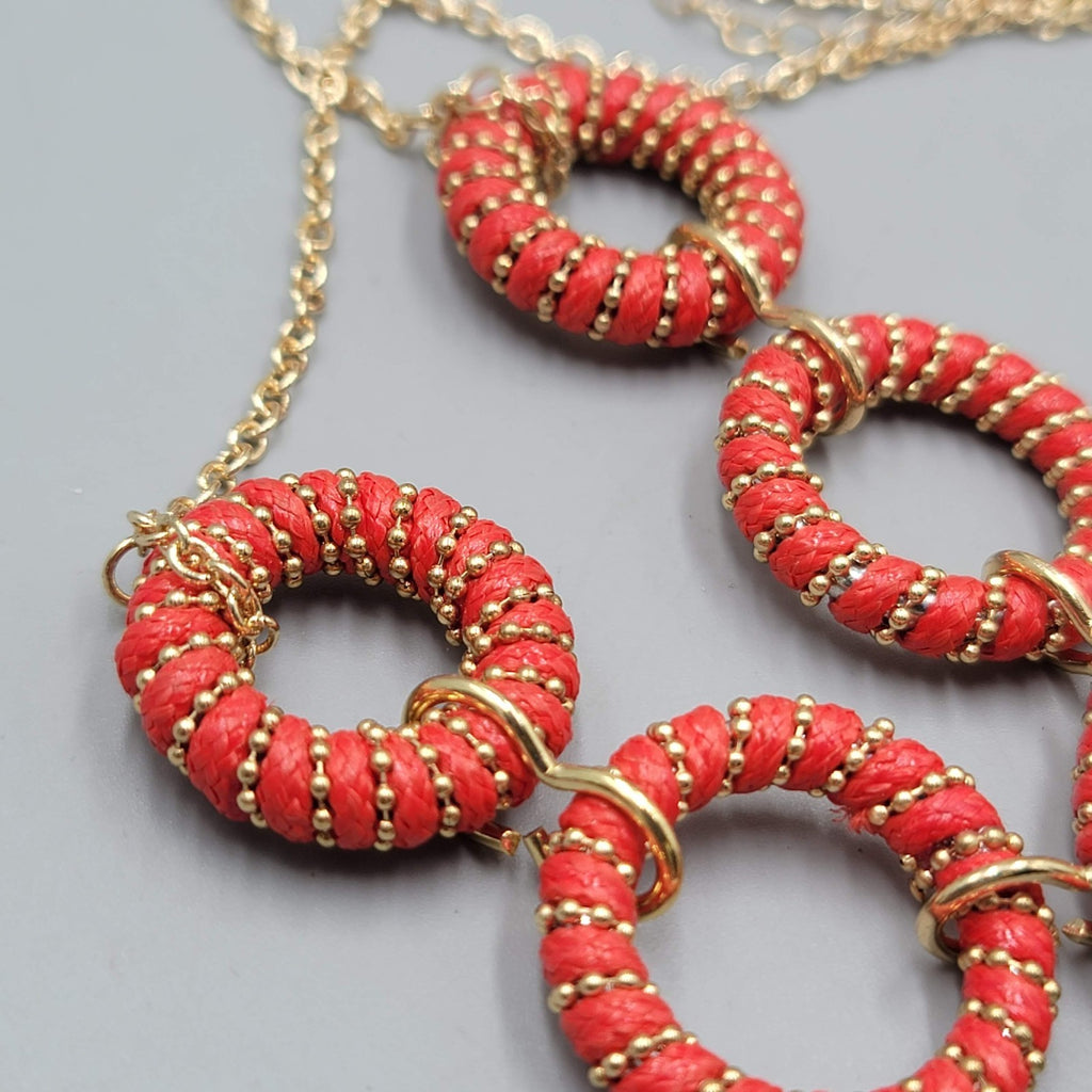 Red Cord Wrapped Rings Necklace Gold tone Chain 16"- 18"
