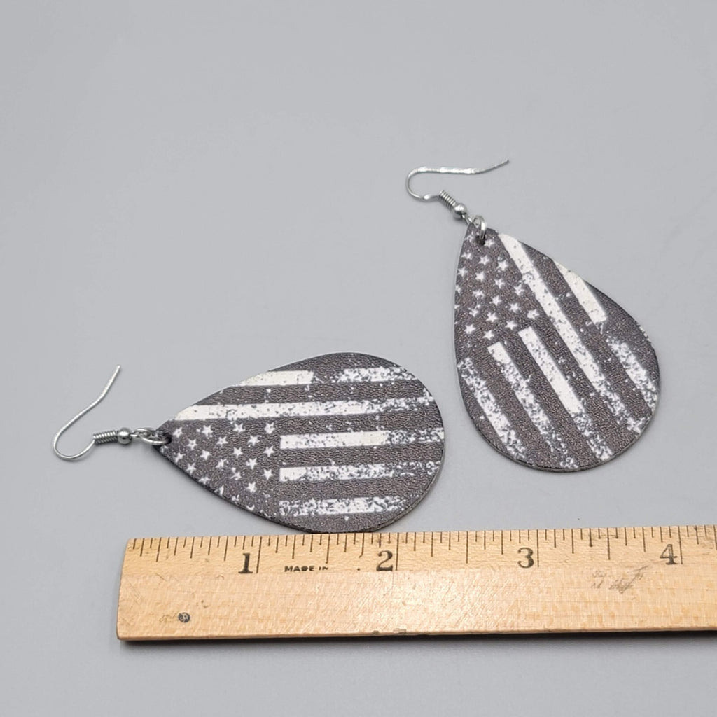 Black and White American Flag Pierced Earrings Teardrop Dangle 2.25"