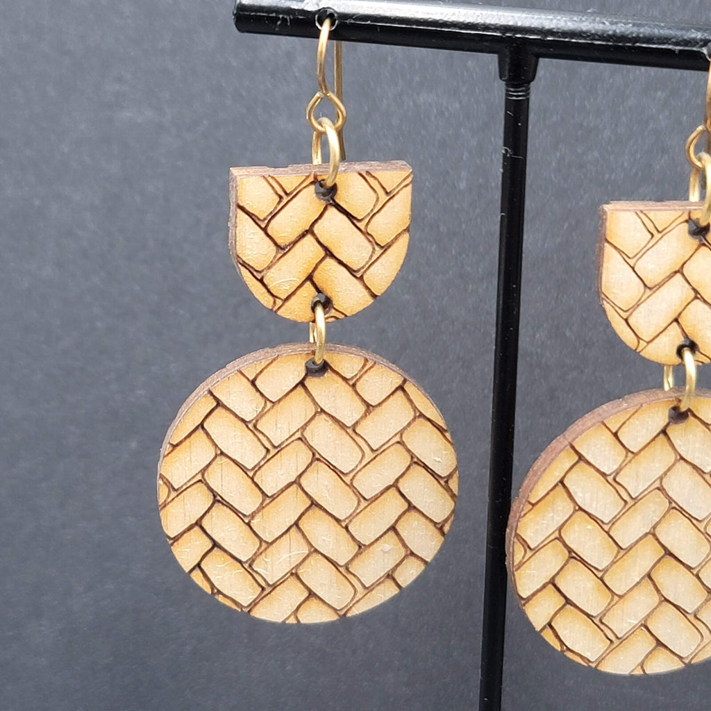 Pierced Earrings Laser Burned Geometric Wood Dangle Statement 2.25"