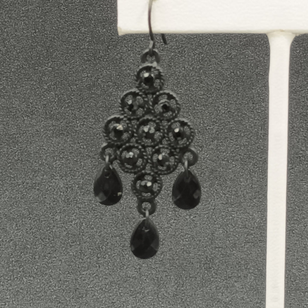 Pierced Earrings Black Metal Faceted Acrylic Chandelier Statement Dangle 1 3/4"