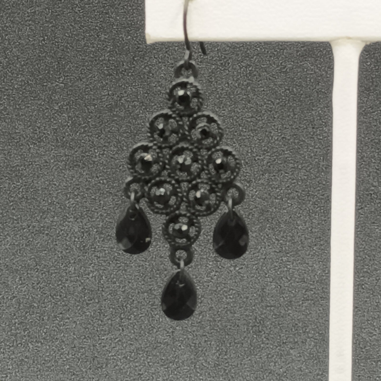 Pierced Earrings Black Metal Faceted Acrylic Chandelier Statement Dangle 1 3/4"