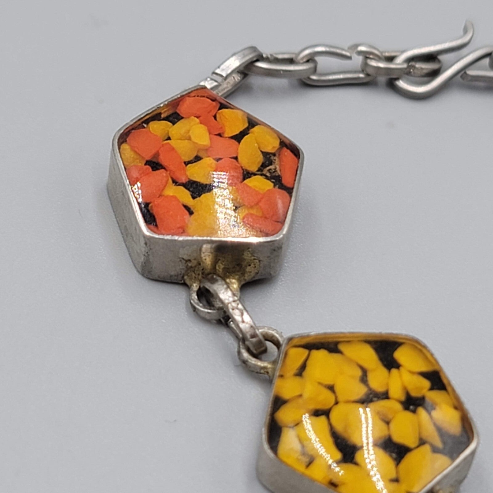 Confetti Resin Lucite Panel Bracelet Silver tone Orange Yellow 6.5"