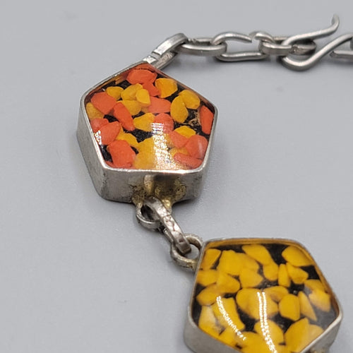 Confetti Resin Lucite Panel Bracelet Silver tone Orange Yellow 6.5"