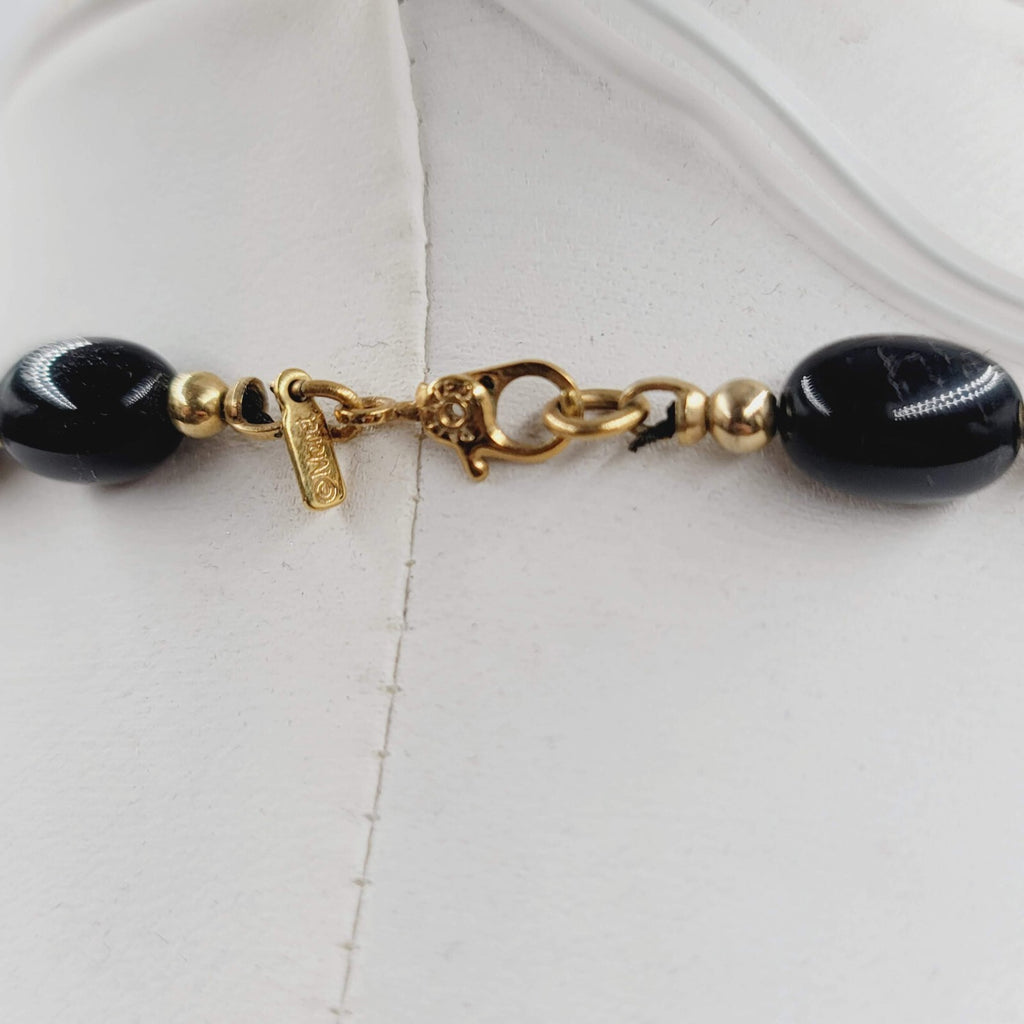 Vintage MONET Necklace Black Graduated Bead Gold tone Estate Jewelry 28"
