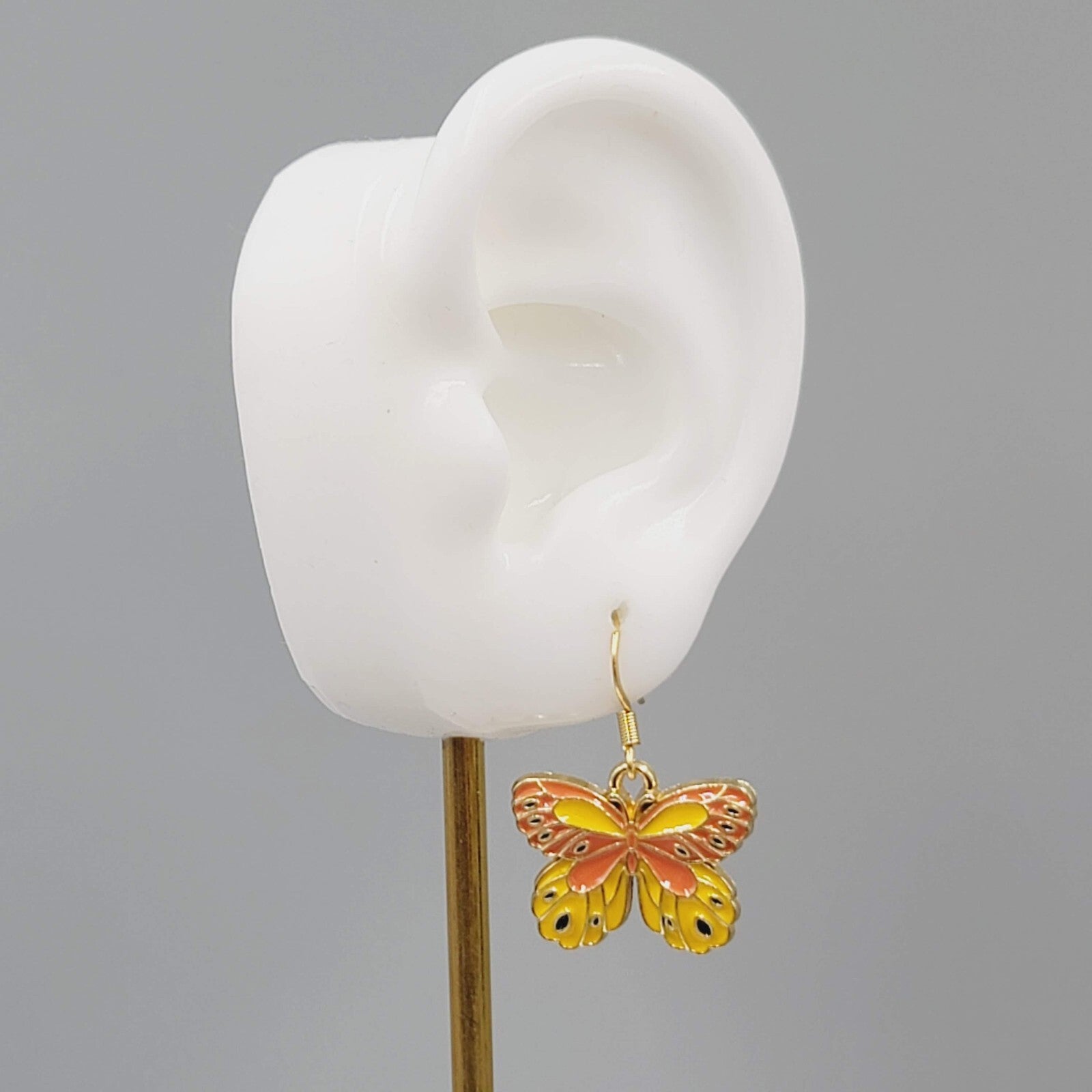 Yellow Moth Enamel Pierced Earrings Gold tone Dangle Butterfly 3/4"