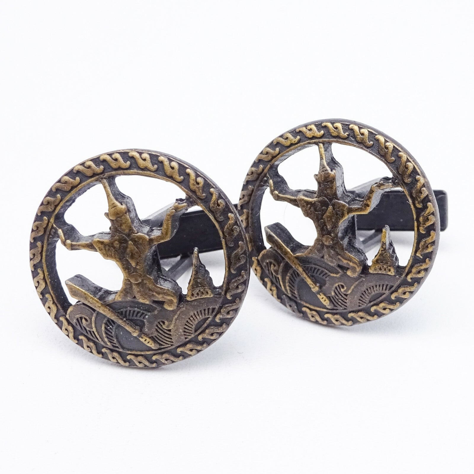 Vintage Cufflinks and Tie Clasp Set Bronze tone Siam Dancers Mens Estate Jewelry