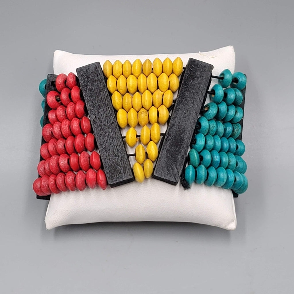 Wide Wood Bead Bracelet Teal Yellow Red 2" x 7"