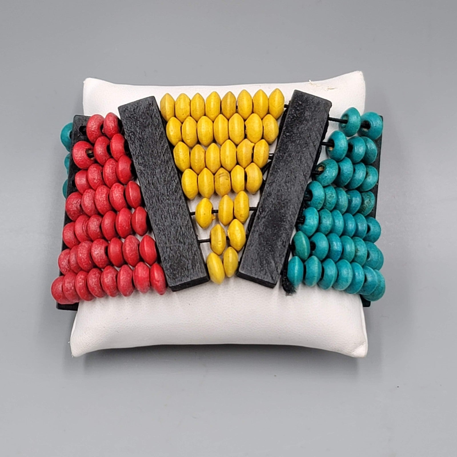 Wide Wood Bead Bracelet Teal Yellow Red 2" x 7"