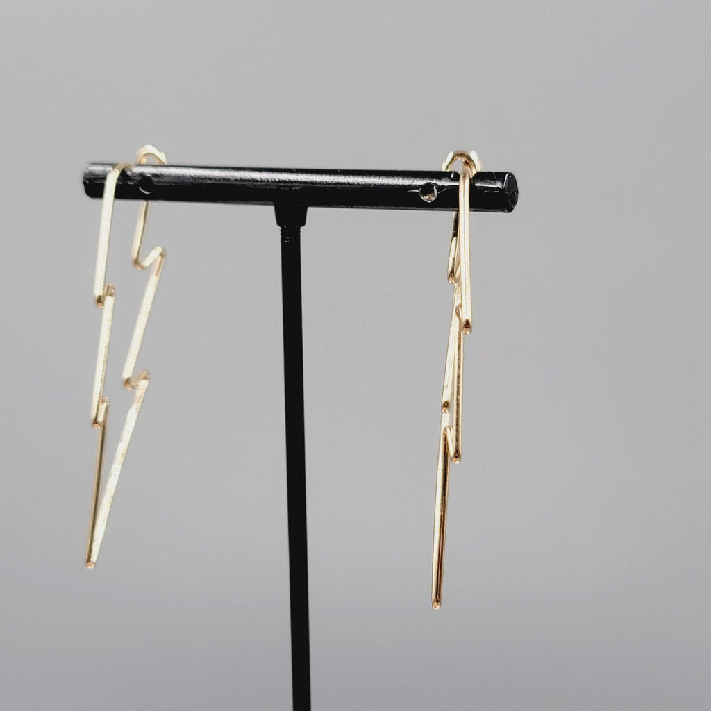 Lightning Bolt Pierced Earrings Wire Gold tone Drop Statement 2"