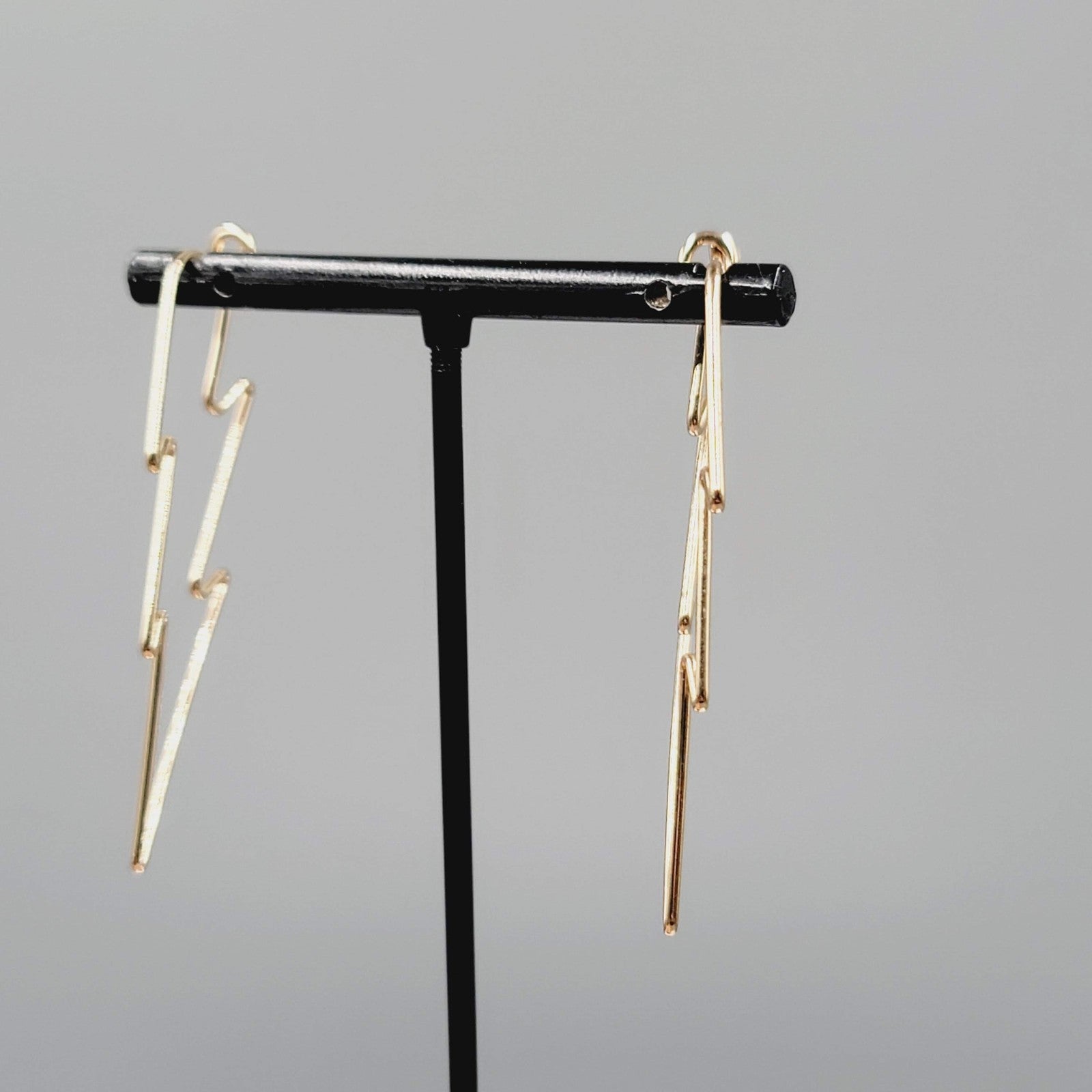 Lightning Bolt Pierced Earrings Wire Gold tone Drop Statement 2"