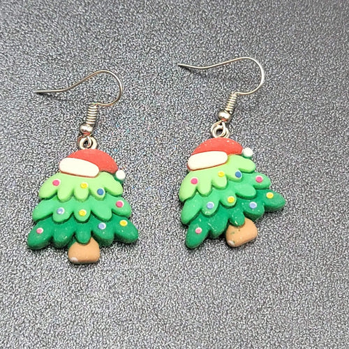 Christmas Tree Pierced Earrings Puffy 3D Dangle 1 1/8"