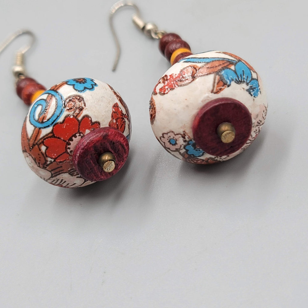 Beaded Pierced Earrings Wood Flower Bead Dangle 1 5/8"