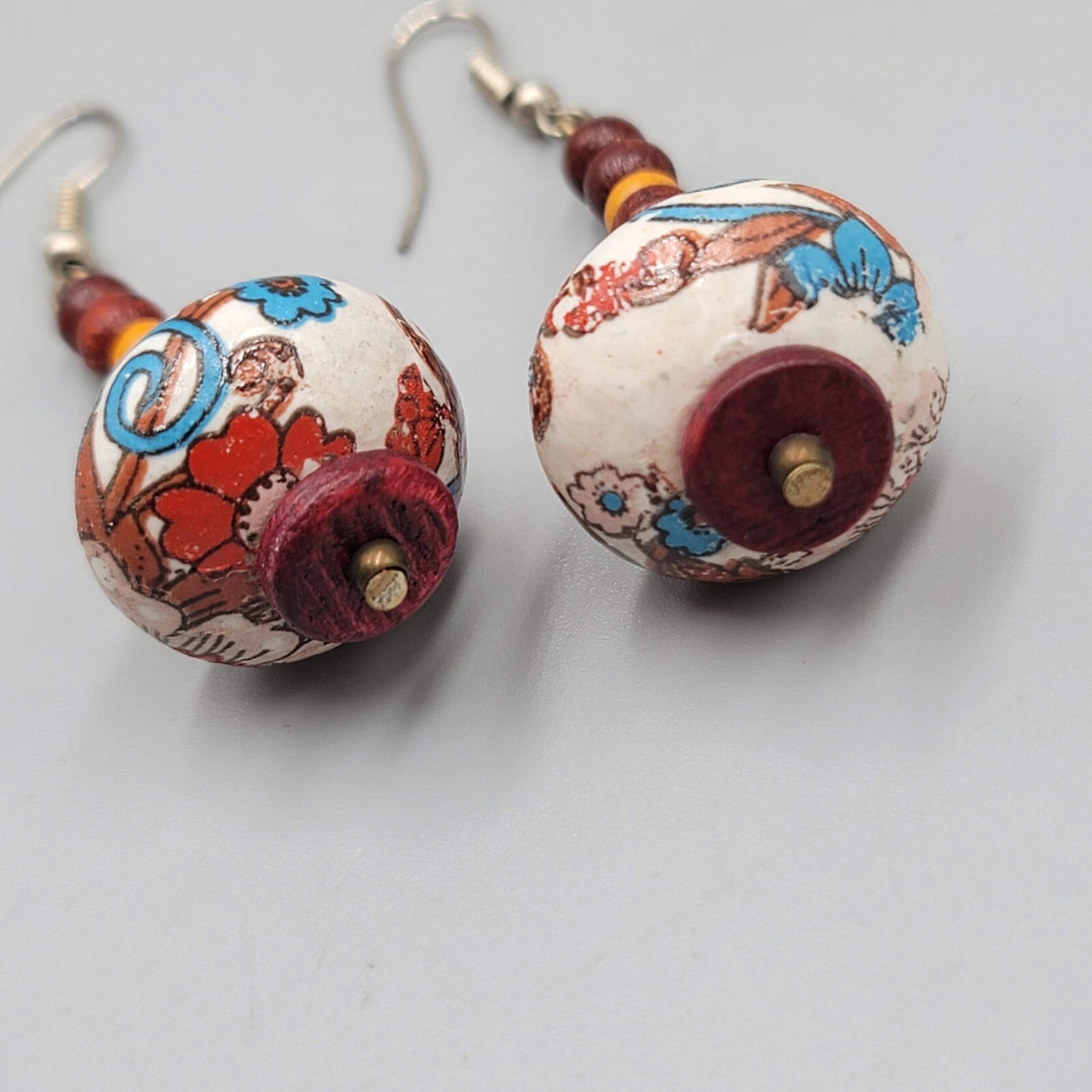 Beaded Pierced Earrings Wood Flower Bead Dangle 1 5/8"