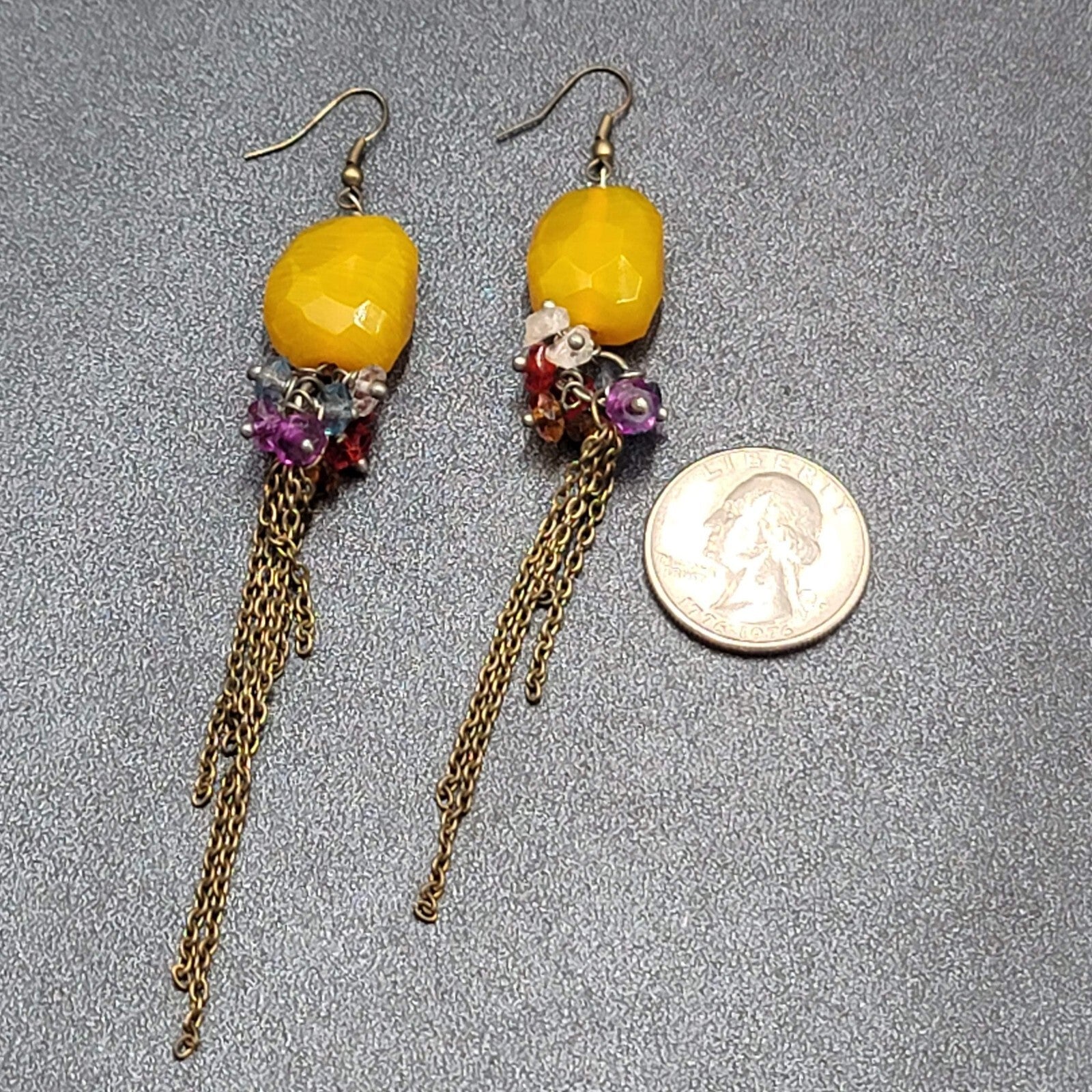 Pierced Earrings Multicolor Quartz Bead Statement Dangle Chains 3.75"