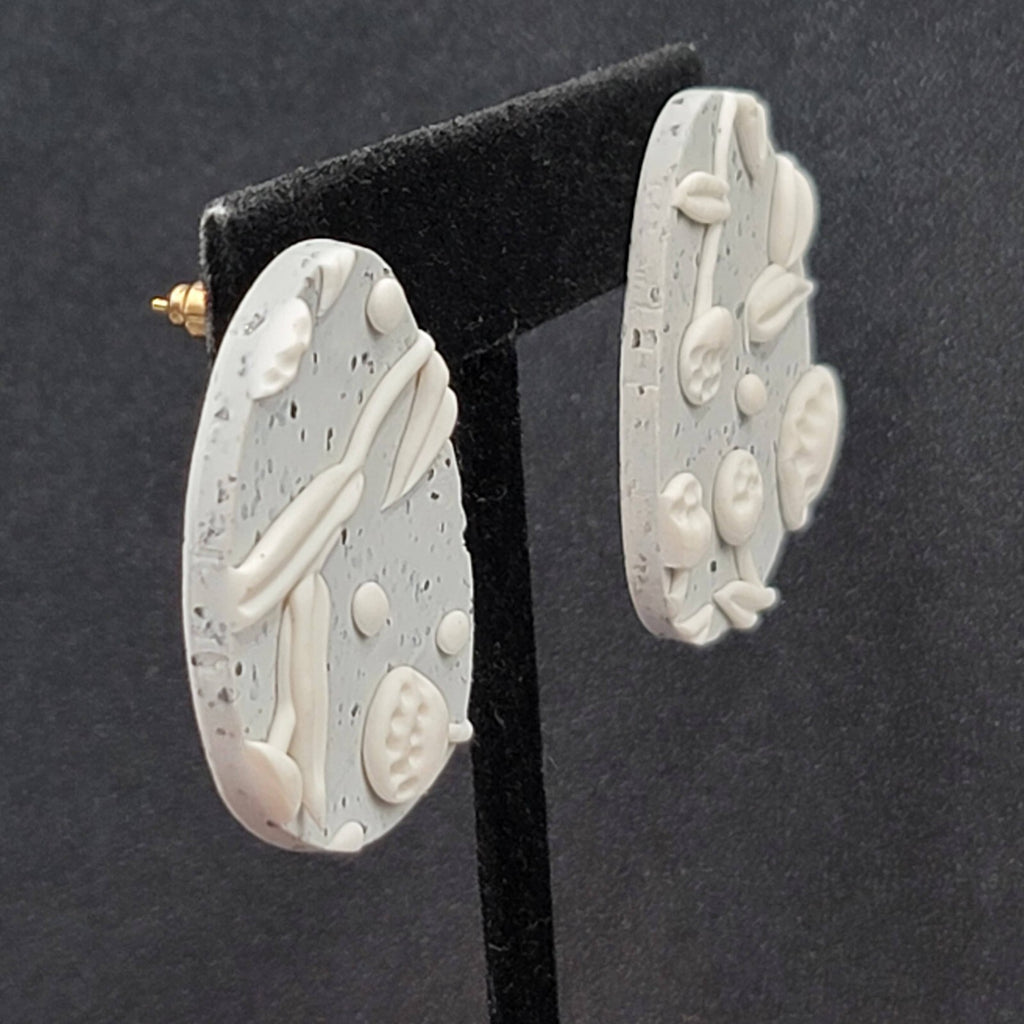 Pierced Earrings Gray White Polymer Clay Drop 1.5"