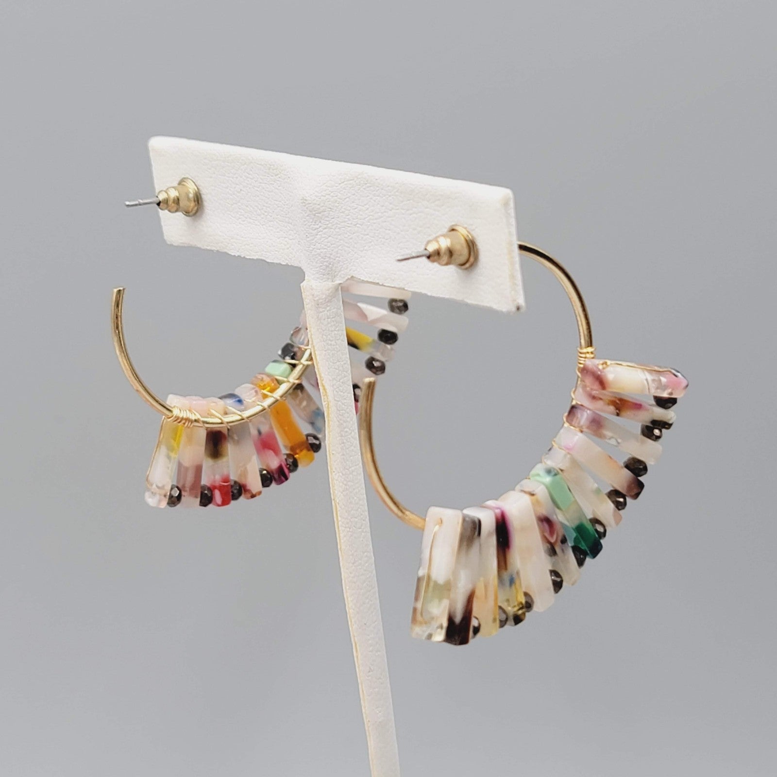 Colorful Resin Hoop Pierced Earrings Gold Tone Statement Jewelry 2"