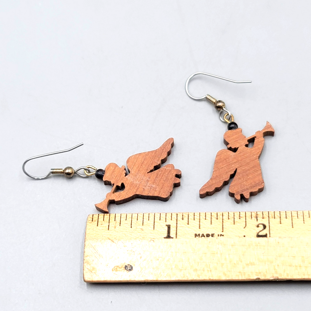 Vintage Wood Angel Pierced Earrings Silver tone Dangle  1 in