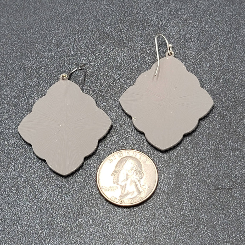 Pierced Earrings Silver tone Gray Enamel Filigree Enamel 1.75"