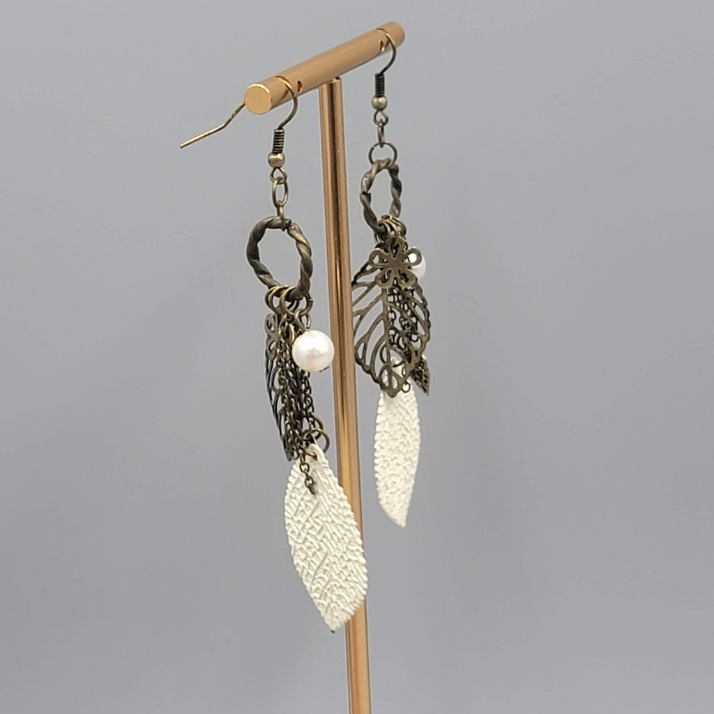 Boho White Enamel Leaf Pierced Earrings Bronze tone Dangle 3.25"