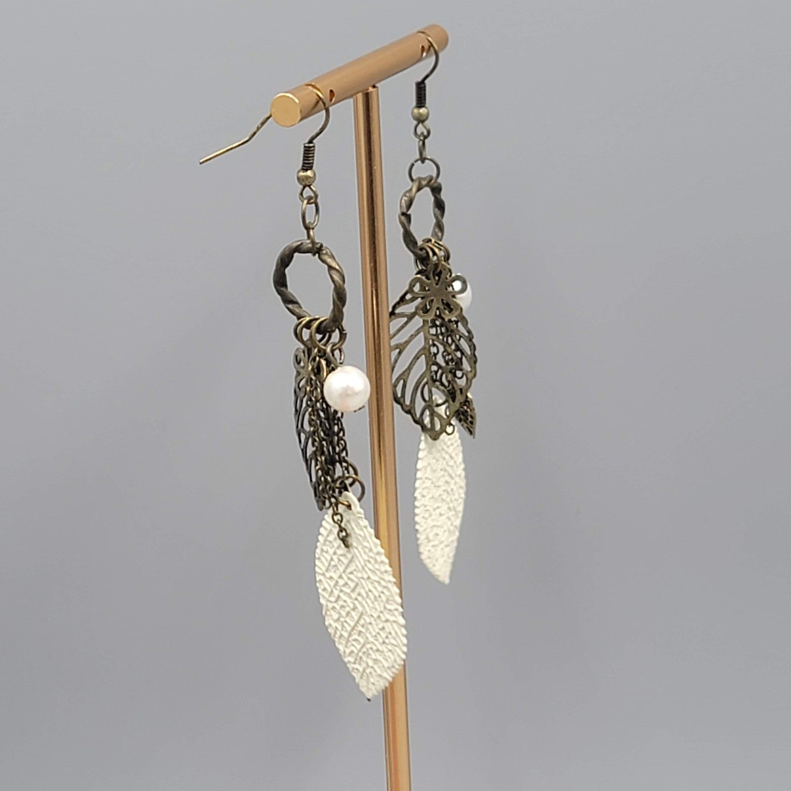 Boho White Enamel Leaf Pierced Earrings Bronze tone Dangle 3.25"