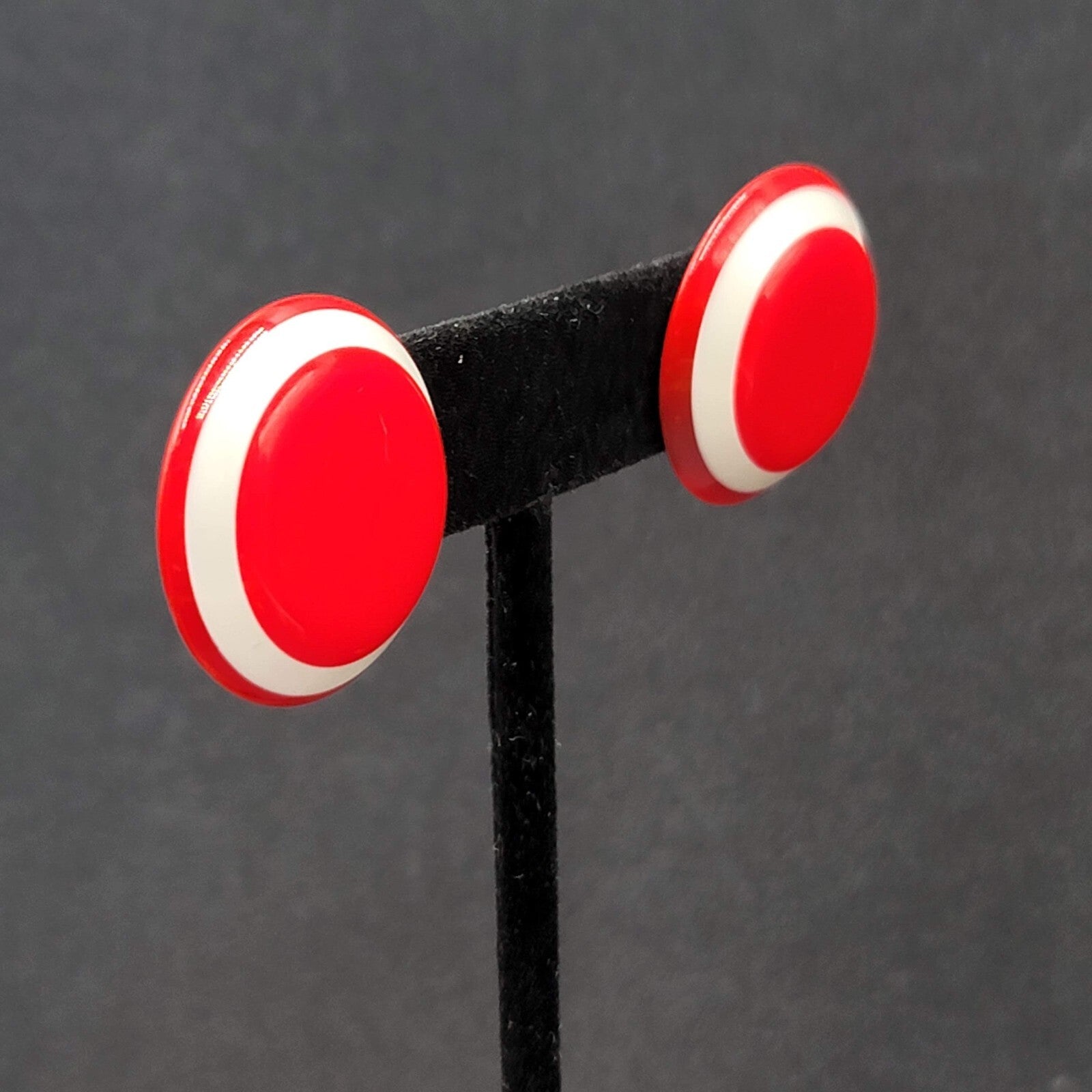 Vintage Pierced Earrings Bright Red and White Acrylic Round Studs 1"