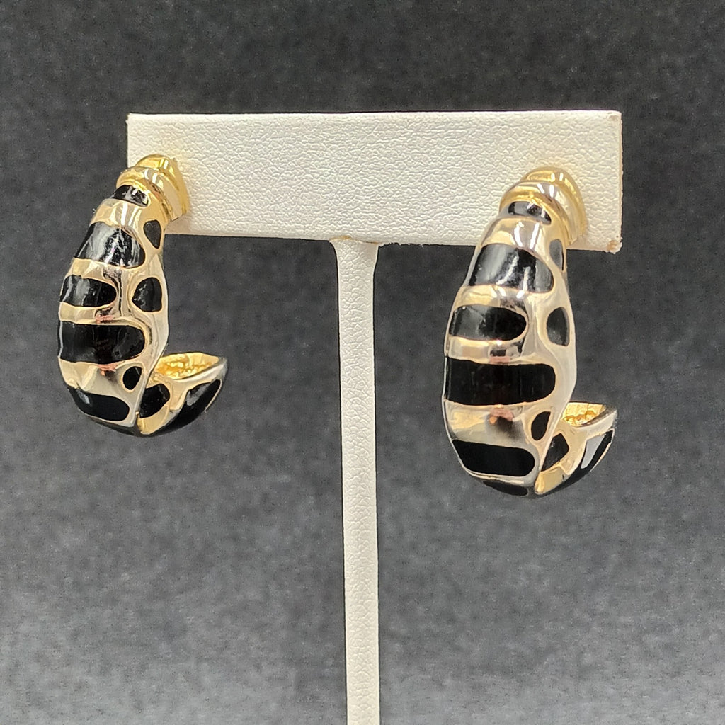 Pierced Earrings Gold tone Black Enamel Oblong Half Hoop Heavy Drop 1 1/4"