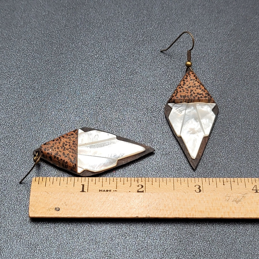 Vintage Pierced Earrings Wood Mother of Pearl Unique Hand Carved Dangle 2 1/8"