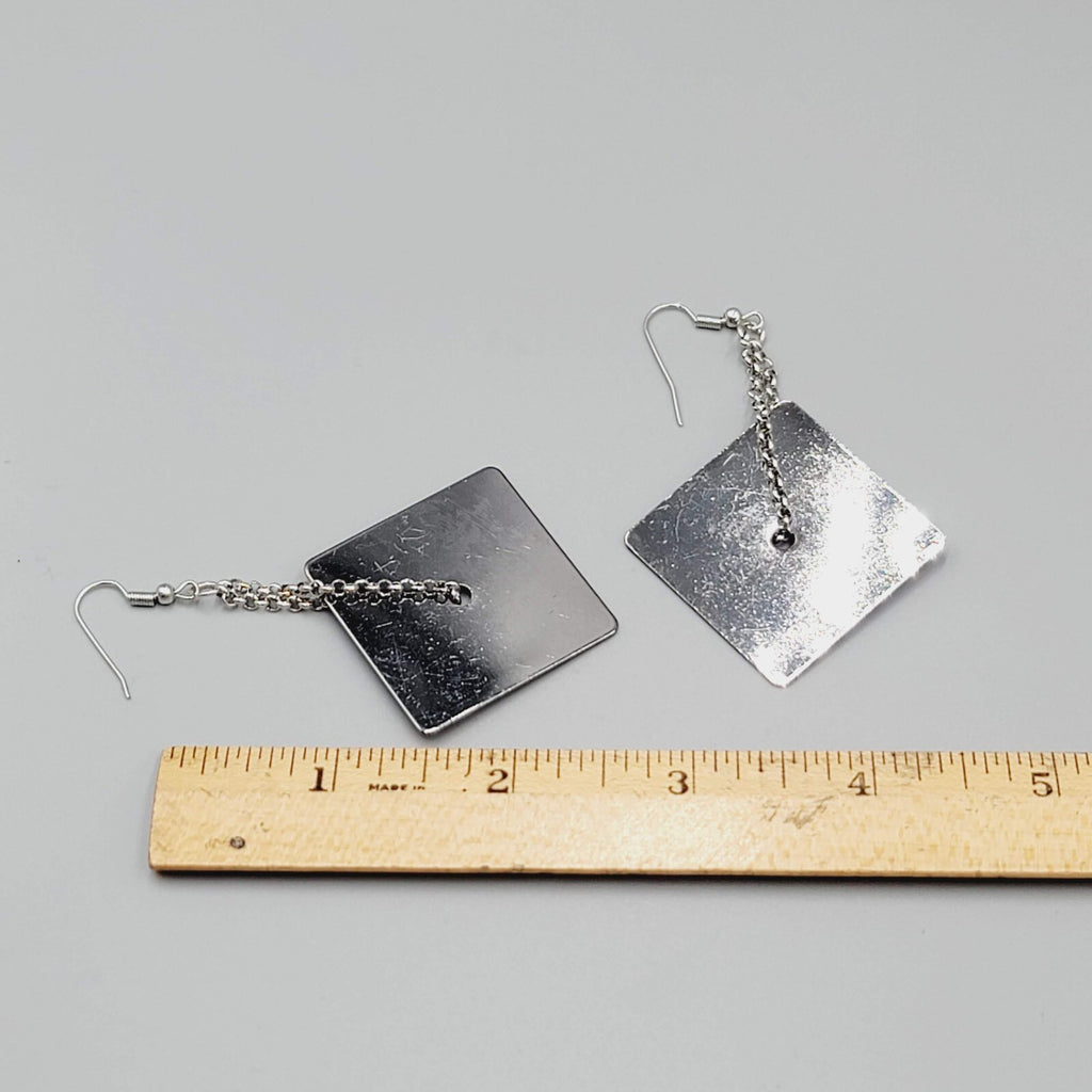 Pierced Earrings Silver tone Chain Black Metal Square Dangle Unique 2.5"