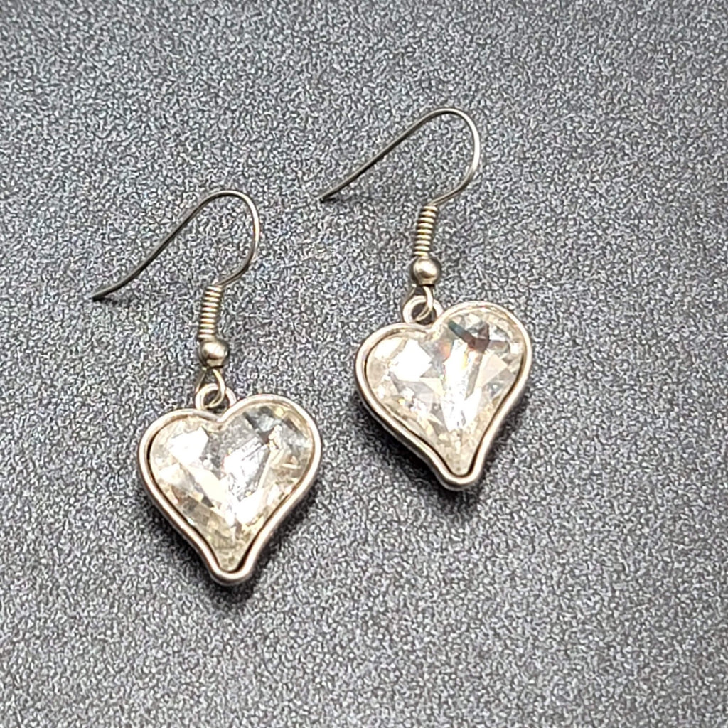 Heart Pierced Earrings Silver tone Faceted Glass Dangle 3/4"