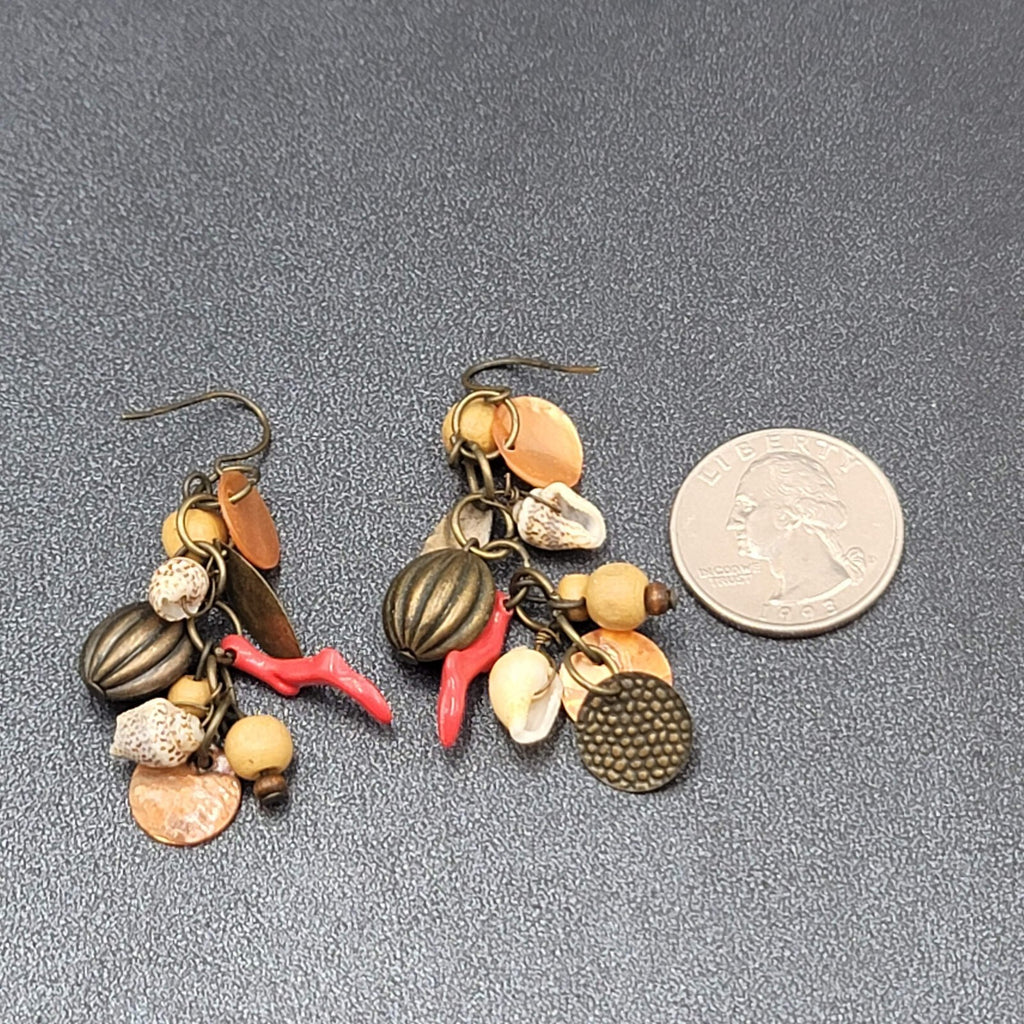 Charm Pierced Earrings Bronze tone Seashells Beads 2"