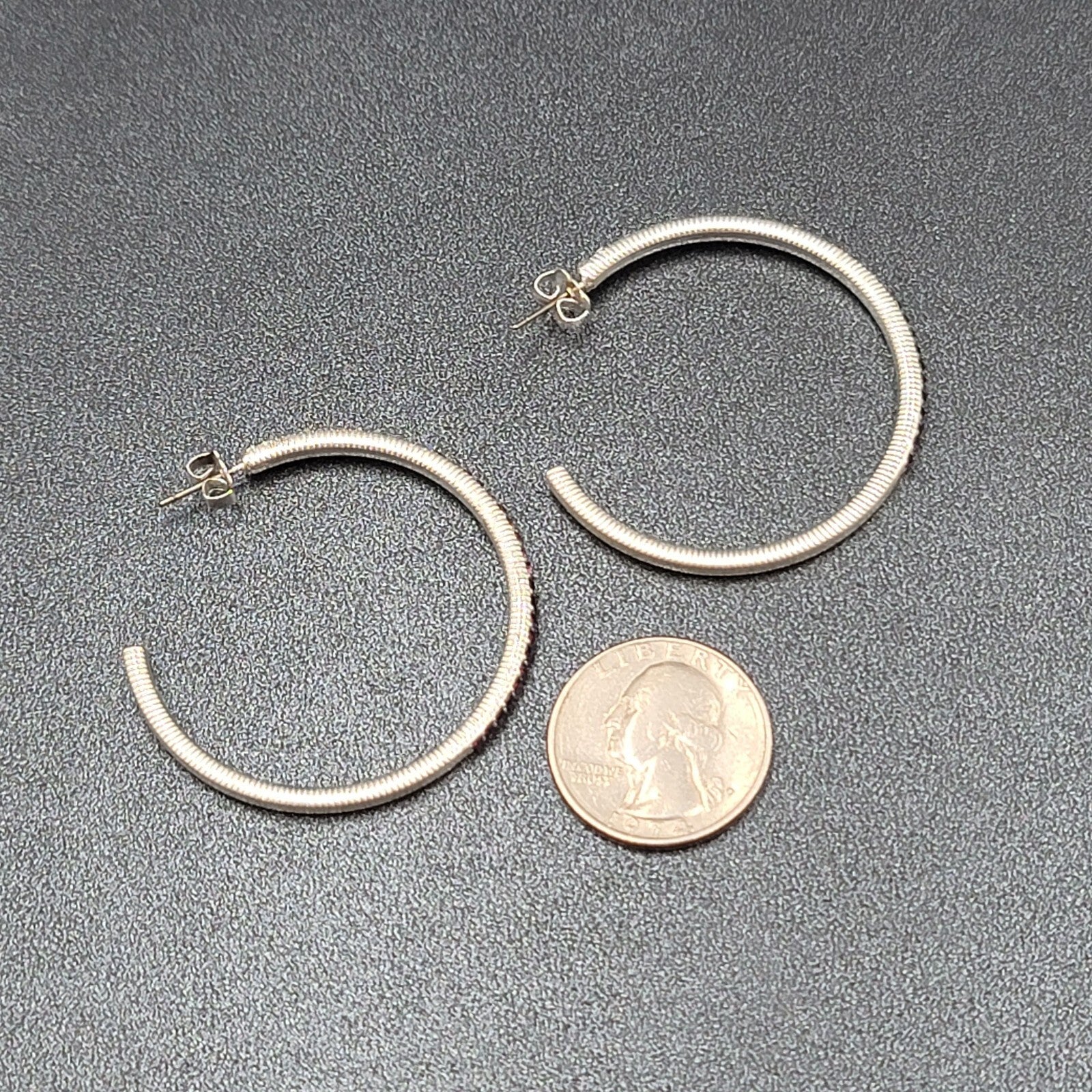 Pierced Earrings Silver tone Gradated Purple Rhinestone Hoops 1.75"