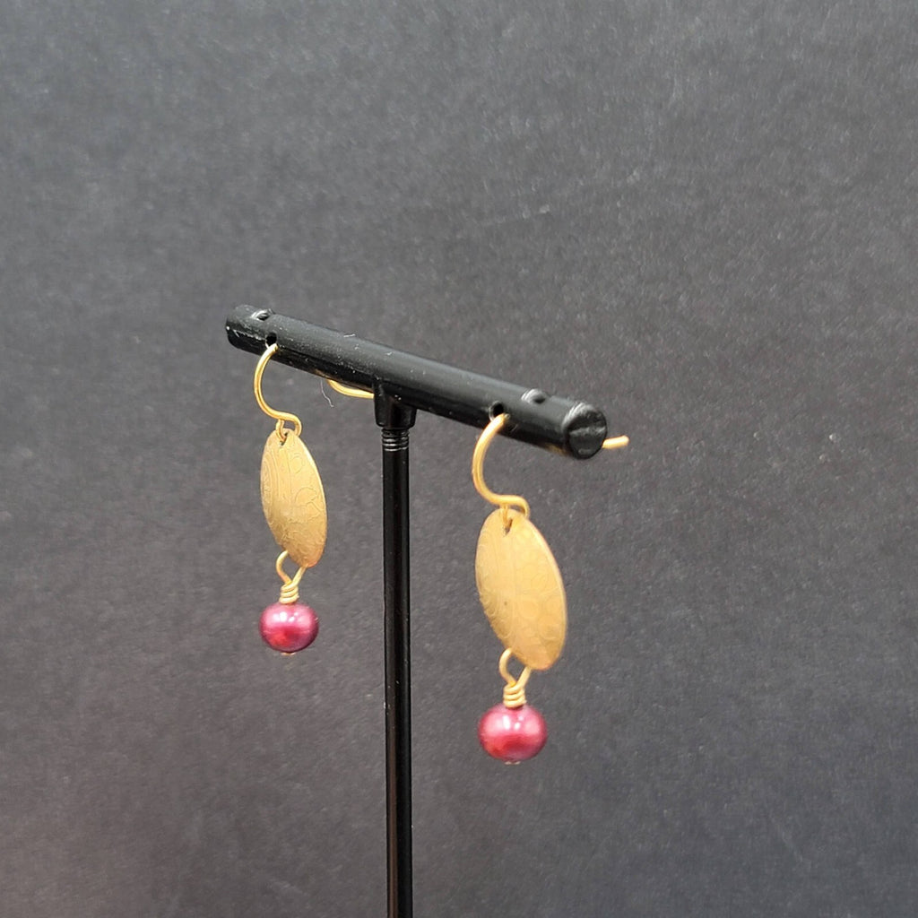 Pierced Earrings Brushed Gold Plated Embossed Disk Red Bead 1"