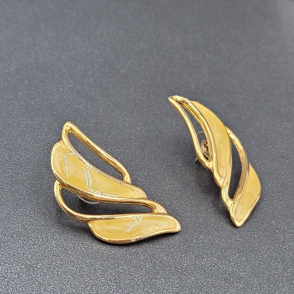 Vintage Pierced Earrings Gold tone Swirl Yellow Enamel Drop Statement 1.75"