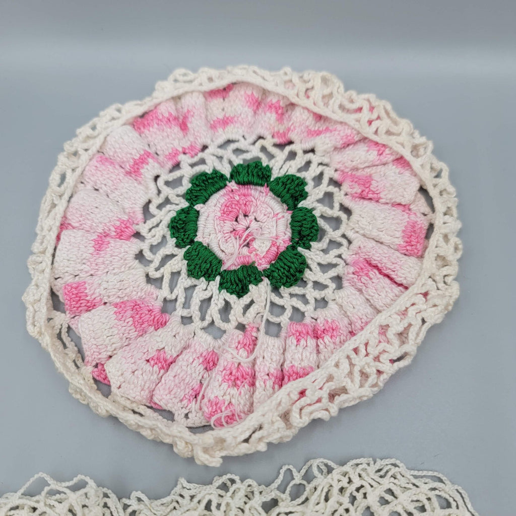 2 Vintage Crocheted Doilies Pink White Green Flowers