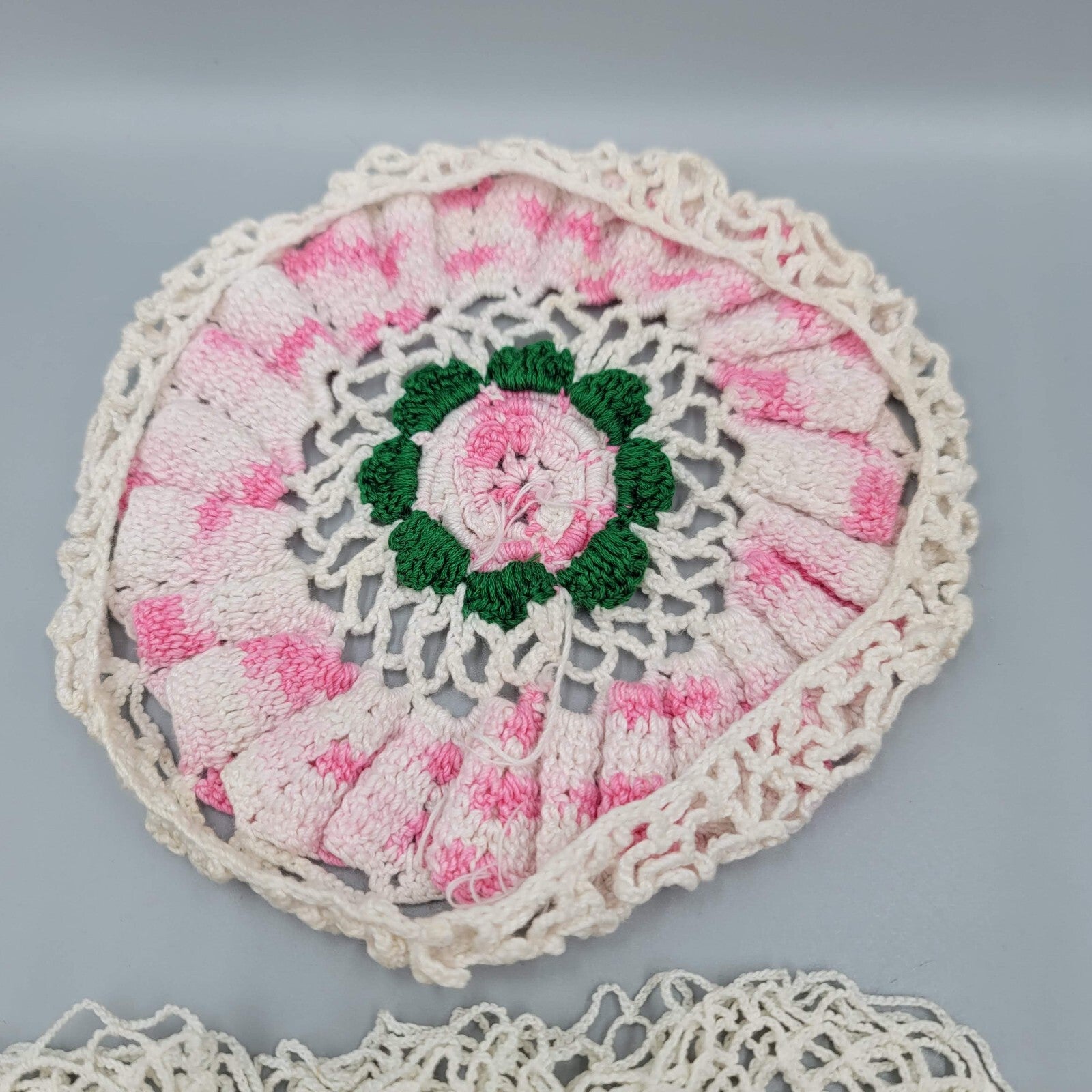 2 Vintage Crocheted Doilies Pink White Green Flowers