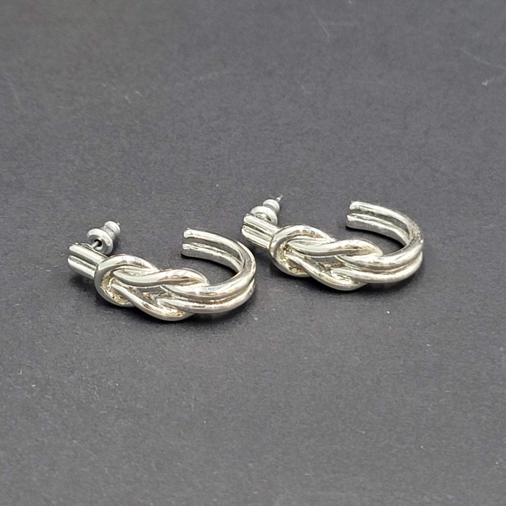 Square Knot Half Hoop Drop Pierced Earrings Silver tone 1"