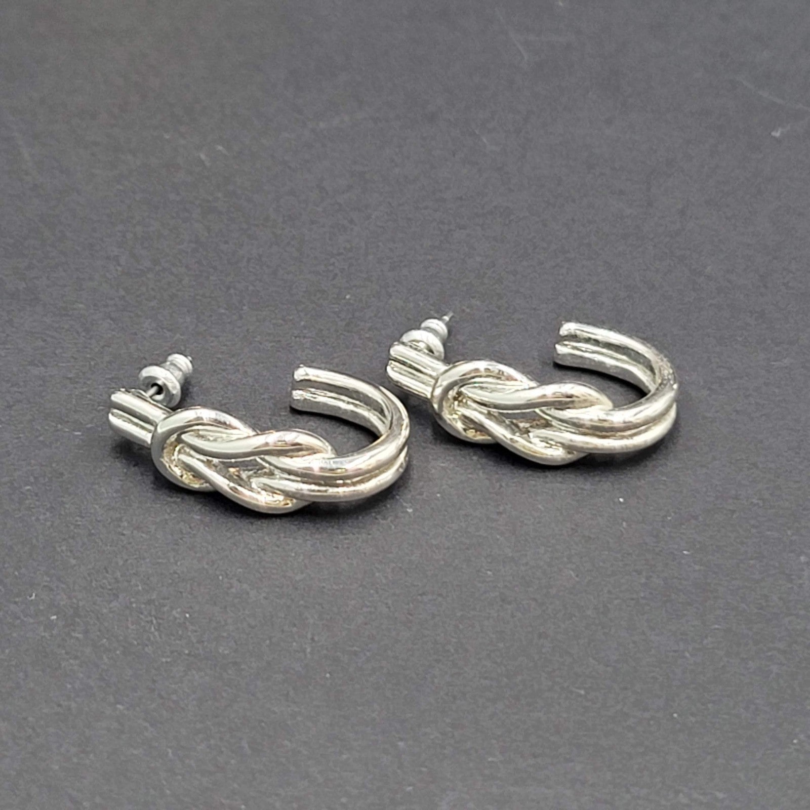 Square Knot Half Hoop Drop Pierced Earrings Silver tone 1"