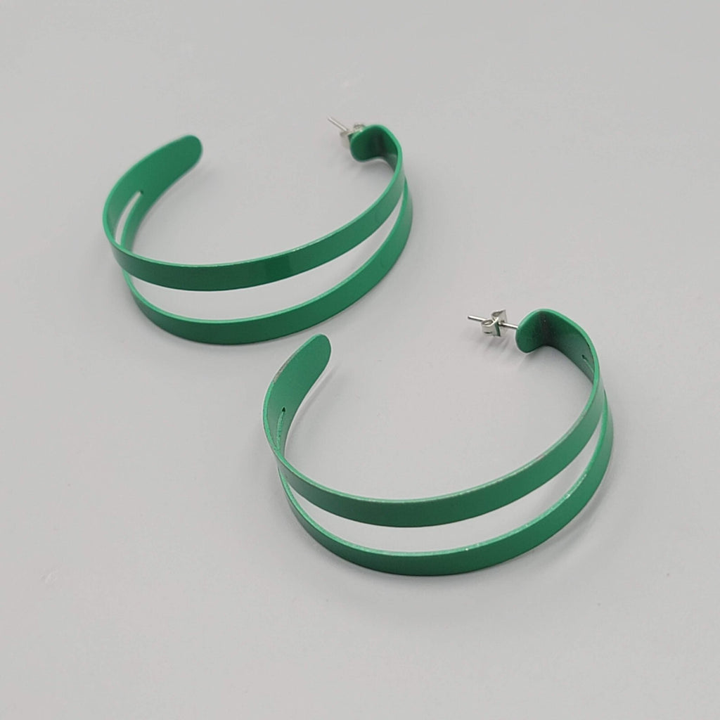 Green Enamel Hoops Hoop Pierced Earrings Large Statement Double 2"