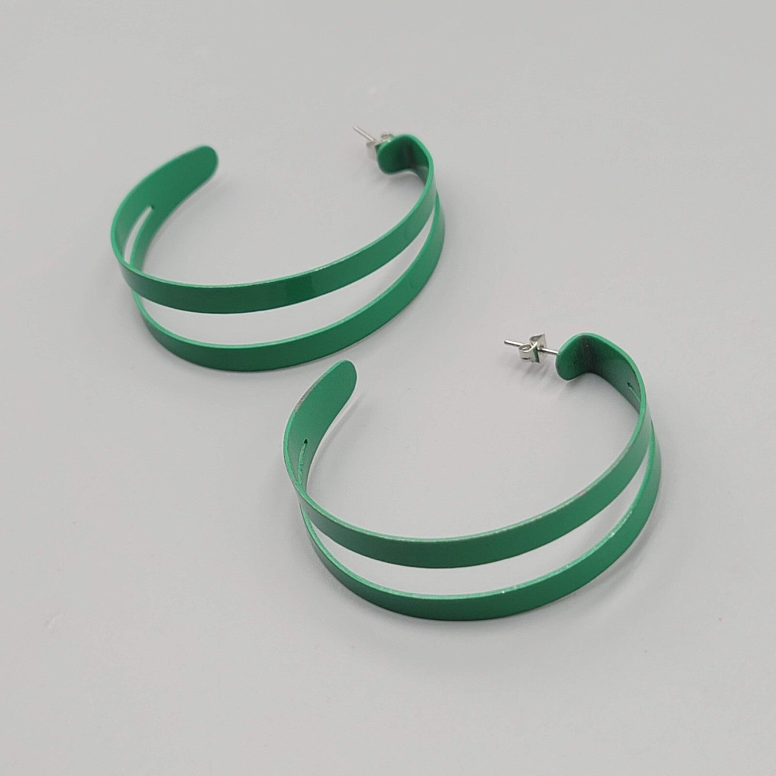 Green Enamel Hoops Hoop Pierced Earrings Large Statement Double 2"