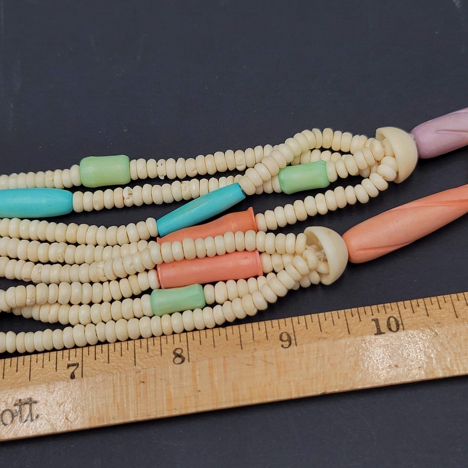 Vintage Multi Strand Beaded Necklace Carved Pastel Beads Toggle Clasp 24"