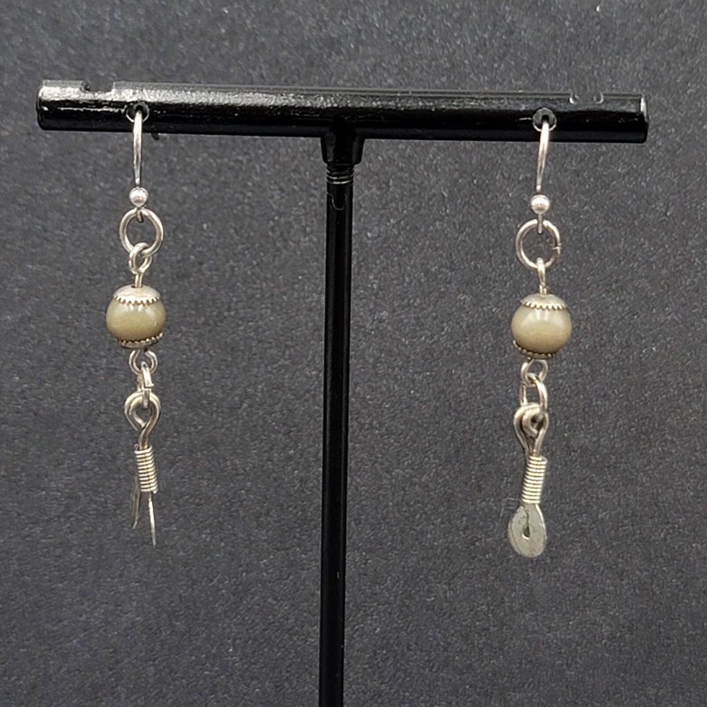 Boho Pierced Earrings Silver tone Artisan Green Bead Dangle 1.25"