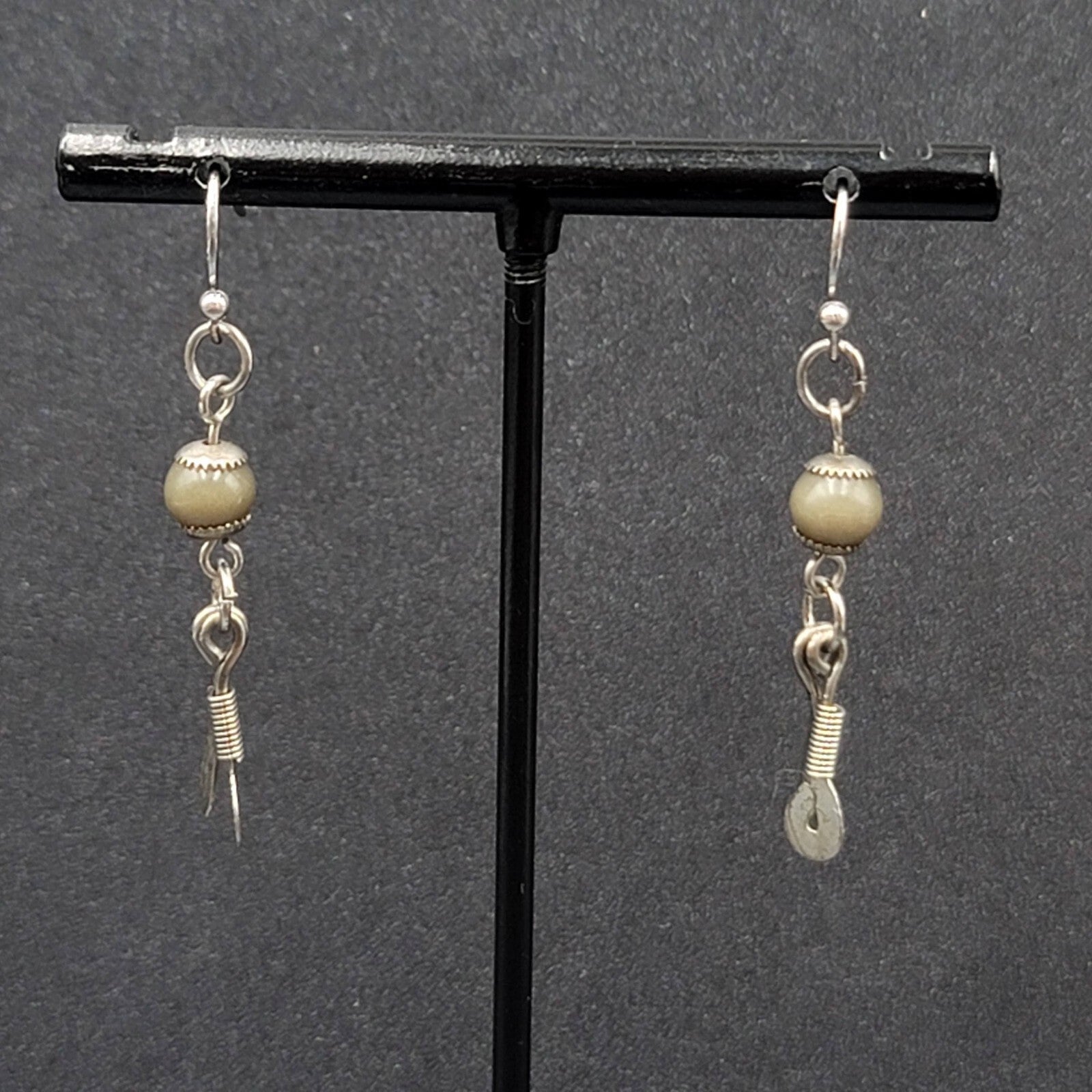 Boho Pierced Earrings Silver tone Artisan Green Bead Dangle 1.25"