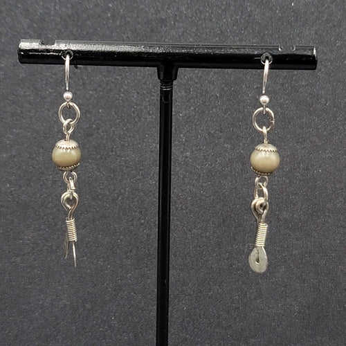 Boho Pierced Earrings Silver tone Artisan Green Bead Dangle 1.25"