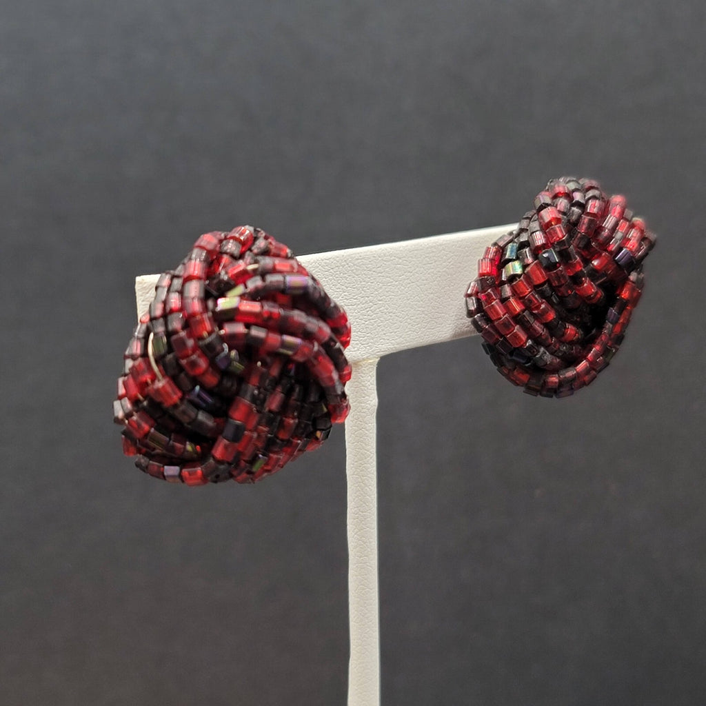 Vintage Pierced Earrings Red Black Seed Bead Cluster Knot 1"