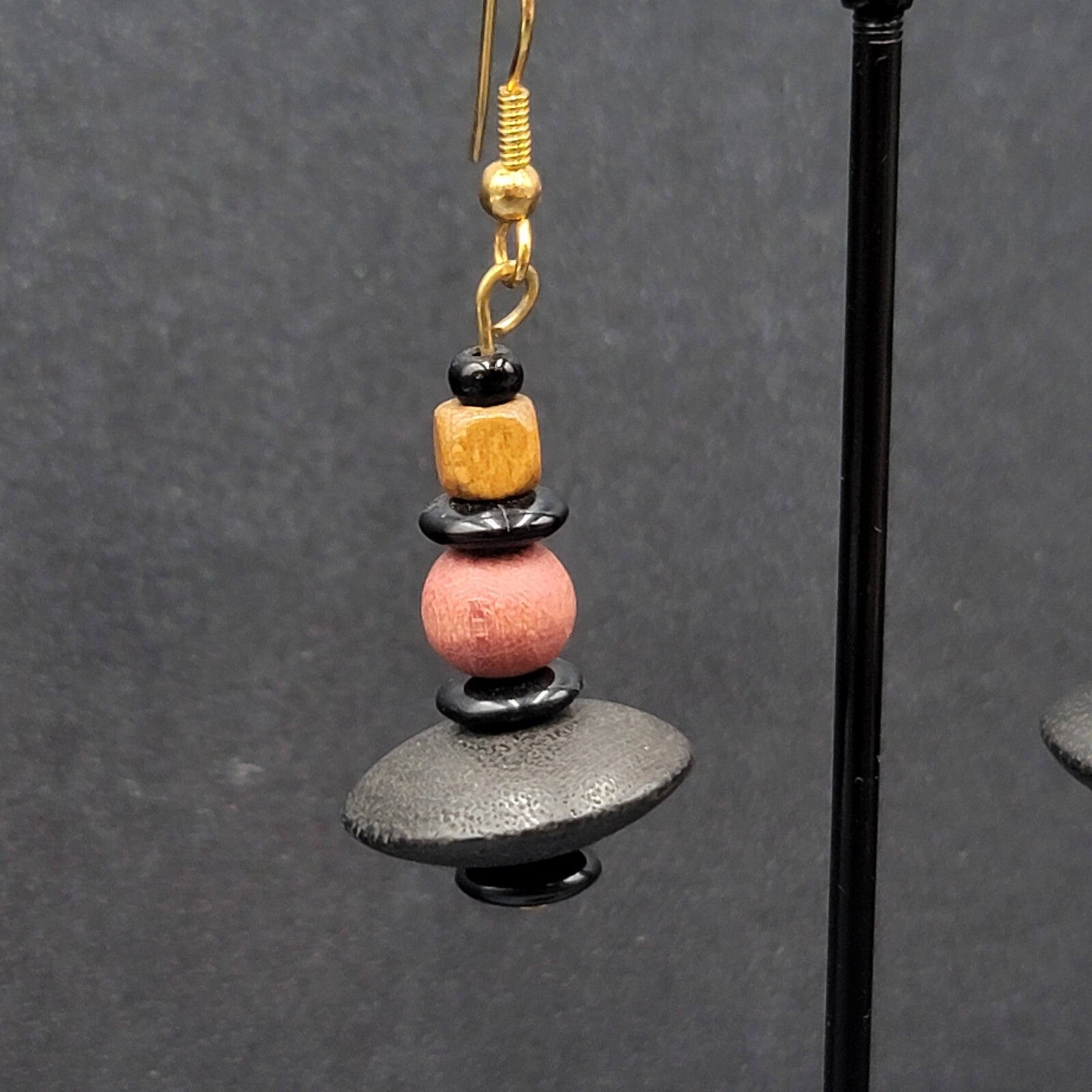 Vintage Boho Pierced Earrings Multicolor Wood Bead Dangle Gold tone 1.25"