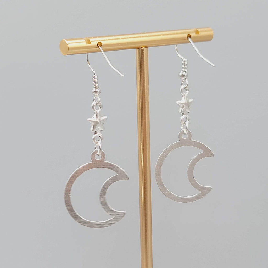 Crescent Moon Stars Pierced Earrings Open Work Silver tone Dangle 1.75"
