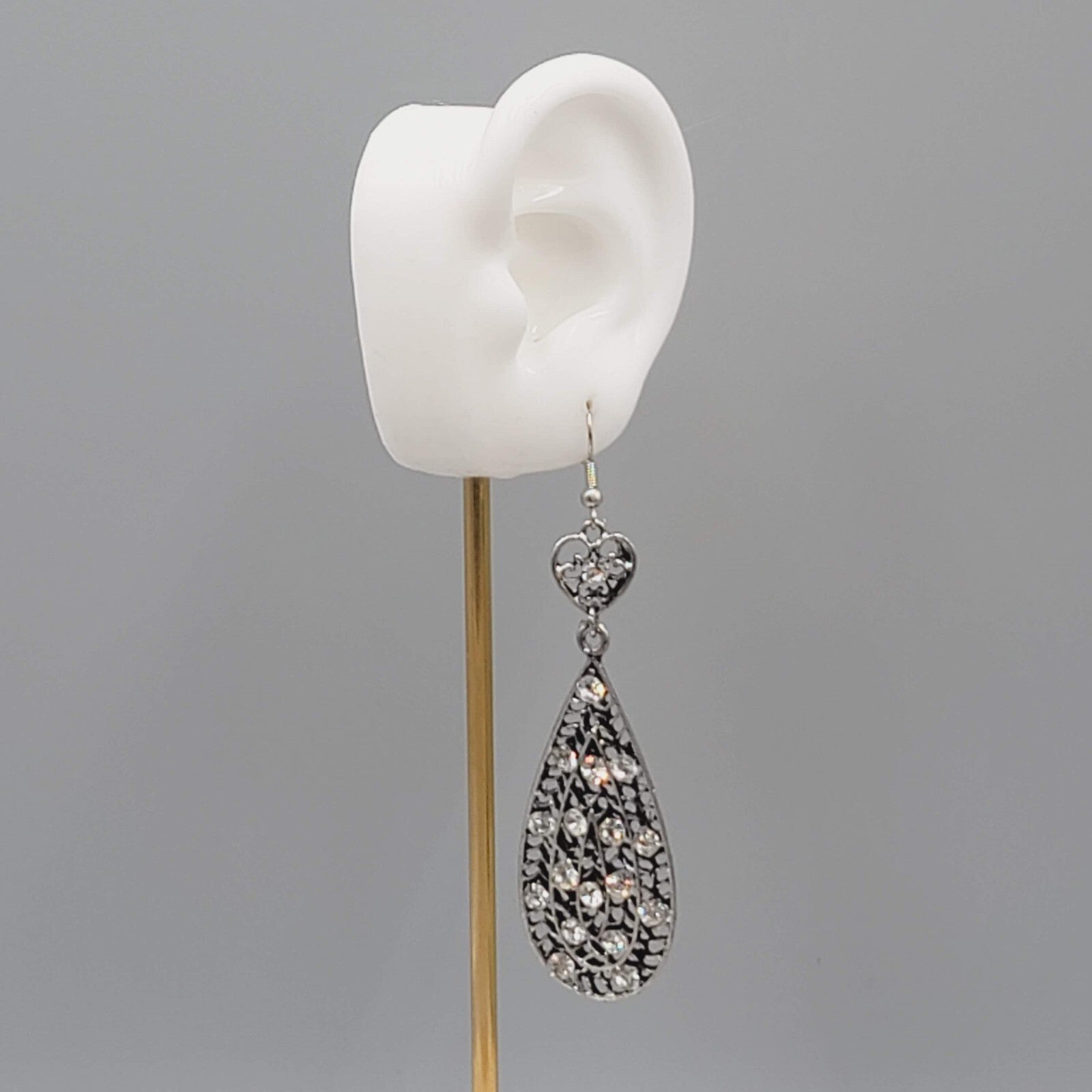 Heart Rhinestone Pierced Earrings Oxidized Silver tone Dangle Long 2.75"