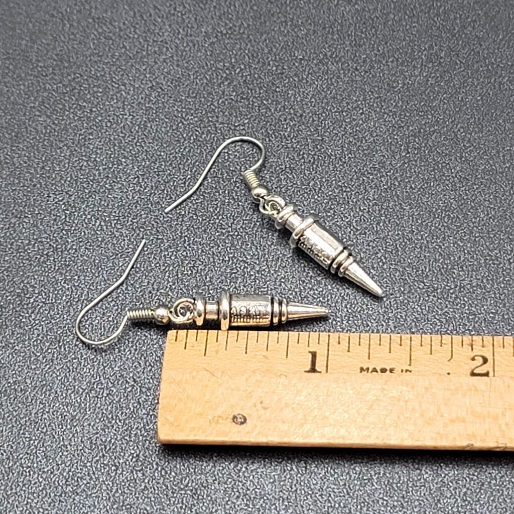 Syringe Nurse Pierced Earrings Silver tone Medical Dangle 1"