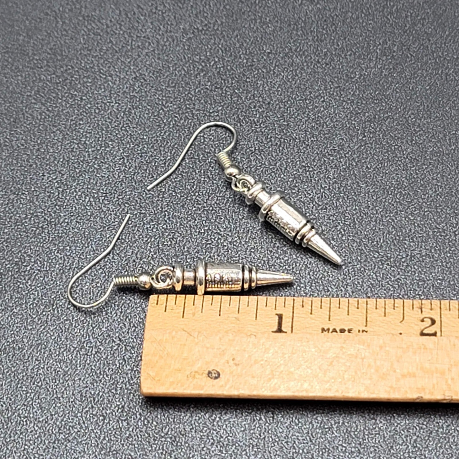 Syringe Nurse Pierced Earrings Silver tone Medical Dangle 1"